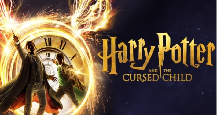 Show logo for the play 'Harry Potter and the Cursed Child,' featuring the text 'CURSED CHILD' at the bottom, with a dark background and fiery elements on the left side.
