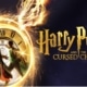 Show logo for the play 'Harry Potter and the Cursed Child,' featuring the text 'CURSED CHILD' at the bottom, with a dark background and fiery elements on the left side.