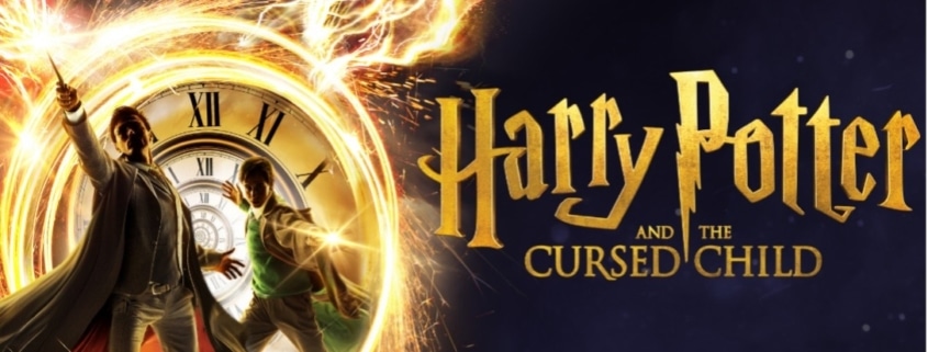 Show logo for the play 'Harry Potter and the Cursed Child,' featuring the text 'CURSED CHILD' at the bottom, with a dark background and fiery elements on the left side.