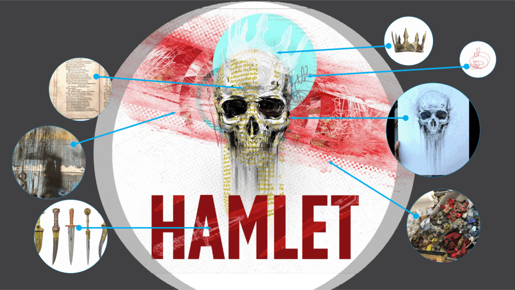 Design board that includes elements that inspired the graphic design for Hamlet, including the script, daggers, a crown, etc.