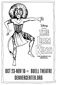Lion King-themed coloring sheets promoting Disney’s The Lion King musical at the Buell Theatre in Denver, October 23–November 16, 2025.