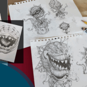 Various illustrations that show the design process of creating the icon for Little Shop of Horrors