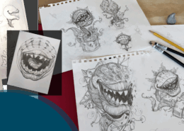 Various illustrations that show the design process of creating the icon for Little Shop of Horrors