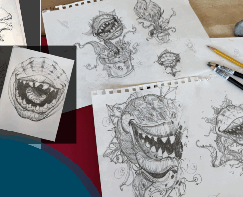Various illustrations that show the design process of creating the icon for Little Shop of Horrors