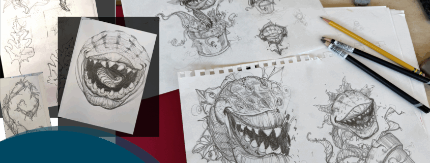 Various illustrations that show the design process of creating the icon for Little Shop of Horrors