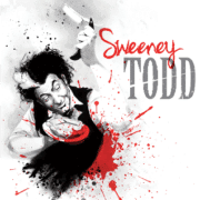 A white background overlaid with a black and white illustration of a man holding a knife in one hand and a plate of food in another. There is a splash of red and the words "SWEENEY TODD"