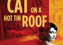 A predominantly red background overlaid with faint images depicting the famous elaborate ironwork of Southern architecture. Over the background is the back of a woman in black and white who is glancing over her shoulder with a small smile. The words "Cat on a Hot Tin Roof" appear in light orange.