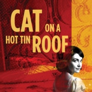Show logo for Cat on a Hot Tin Roog in tan type on top of an ornate maroon background.