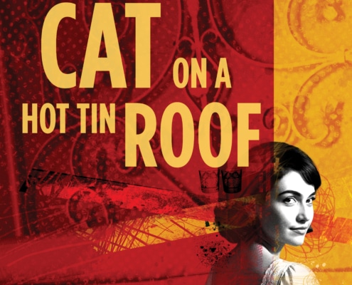 Show logo for Cat on a Hot Tin Roog in tan type on top of an ornate maroon background.