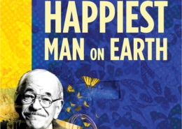 The title treatment in blue spelling "The Happiest Man on Earth" on top of a yellow background with birds and a barb wire fence in the background.