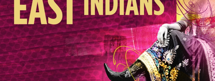 "Cowboys and East Indians" text in bold yellow letters on a textured maroon background with a person in traditional Indian attire and cowboy boots sitting against a yellow stripe, surrounded by swirling decorative elements.