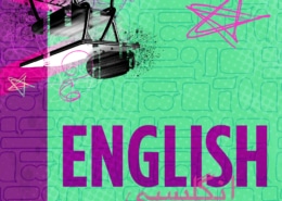 Colorful graphic design with the word 'ENGLISH' in bold purple letters on a green background with abstract shapes, pink stars, and a black and white illustration of a chair and desk in the top left corner. 'ENGLISH' is also written in Arabic script below the English text.
