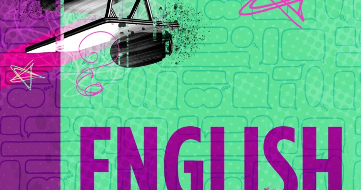 Colorful graphic design with the word 'ENGLISH' in bold purple letters on a green background with abstract shapes, pink stars, and a black and white illustration of a chair and desk in the top left corner. 'ENGLISH' is also written in Arabic script below the English text.