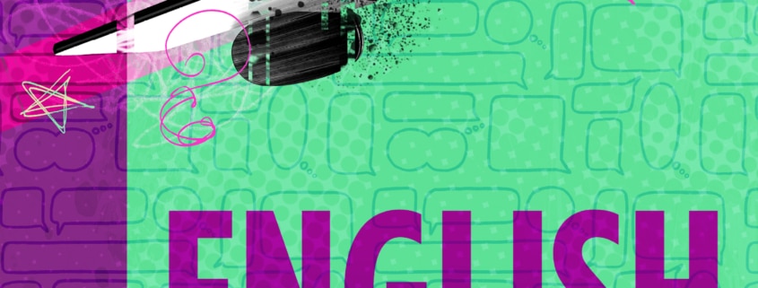 Colorful graphic design with the word 'ENGLISH' in bold purple letters on a green background with abstract shapes, pink stars, and a black and white illustration of a chair and desk in the top left corner. 'ENGLISH' is also written in Arabic script below the English text.