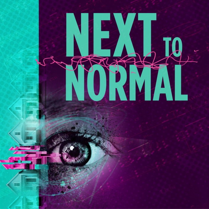 Poster for 'Next to Normal' featuring a large eye with digital and abstract elements, and the title in bold turquoise letters on a purple background.