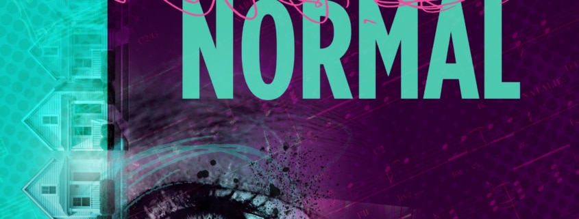 Poster for 'Next to Normal' featuring a large eye with digital and abstract elements, and the title in bold turquoise letters on a purple background.