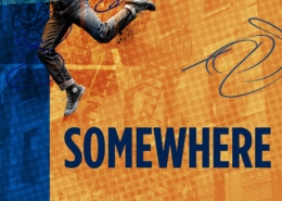 Dynamic image of a person mid-jump or dance against a vibrant background with abstract patterns and textures. The word 'SOMEWHERE' appears in bold blue letters at the bottom.