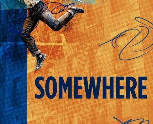 Dynamic image of a person mid-jump or dance against a vibrant background with abstract patterns and textures. The word 'SOMEWHERE' appears in bold blue letters at the bottom.