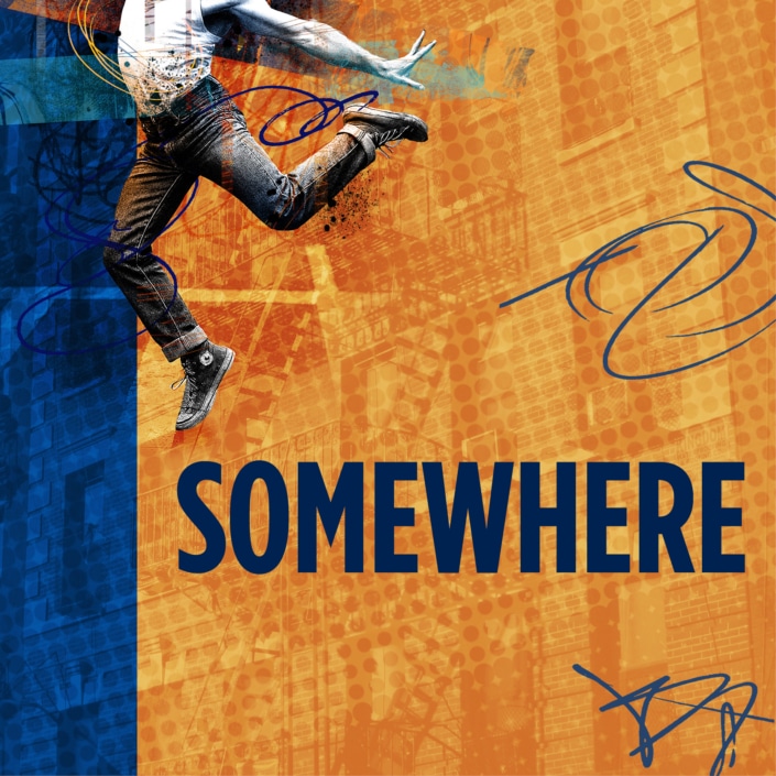 Dynamic image of a person mid-jump or dance against a vibrant background with abstract patterns and textures. The word 'SOMEWHERE' appears in bold blue letters at the bottom.