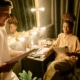 Two actors in a dressing room in front of a mirror surrounded by lights. On the left is a young man in knit cap and t-shirt holding a script. On the right is a young lady seated in neutral-colored clothing, smiling with a script in her hand.