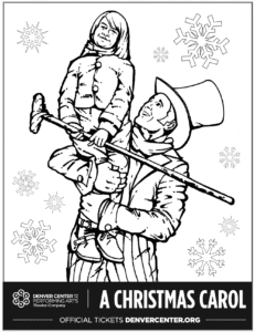 A black and white illustration of Bob Crachit holding Tiny Tim on his shoulder that serves as a coloring activity for children