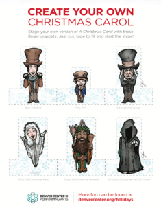 A children's activity that has six illustrations of Christmas Carol characters — Bob Crachit, Tiny Tim, Ebenezer Scrooge, and the Ghosts of Christmas Past, Present and Future — affixed to bands. These are intended to be cut out and the bands taped together to fit on fingers to act out the play.
