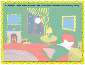 An image from Goodnight Moon featuring a bed, table with lamp, window, fireplace, rug and pictures in primary colors
