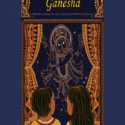 Cover of 'Goodnight Ganesha' by Nadia Salomon, illustrated by Poonam Mistry, featuring two children gazing at a richly patterned depiction of the Hindu deity Ganesha, surrounded by traditional Indian decorative elements.