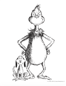 Black and shite illustration of Grinch and his dog Max for children to color