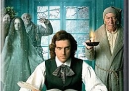 DVD cover of 'The Man Who Invented Christmas' featuring Dan Stevens, Christopher Plummer, and Jonathan Pryce. The central character is writing at a desk with ghostly figures behind him