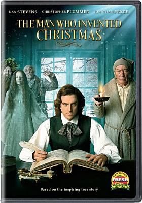DVD cover of 'The Man Who Invented Christmas' featuring Dan Stevens, Christopher Plummer, and Jonathan Pryce. The central character is writing at a desk with ghostly figures behind him