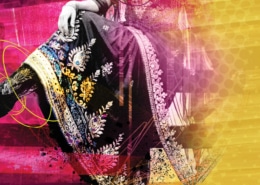 Close-up of a person’s crossed legs wearing a richly embroidered garment with floral patterns in white, blue, and yellow, set against a vibrant pink and yellow abstract background.