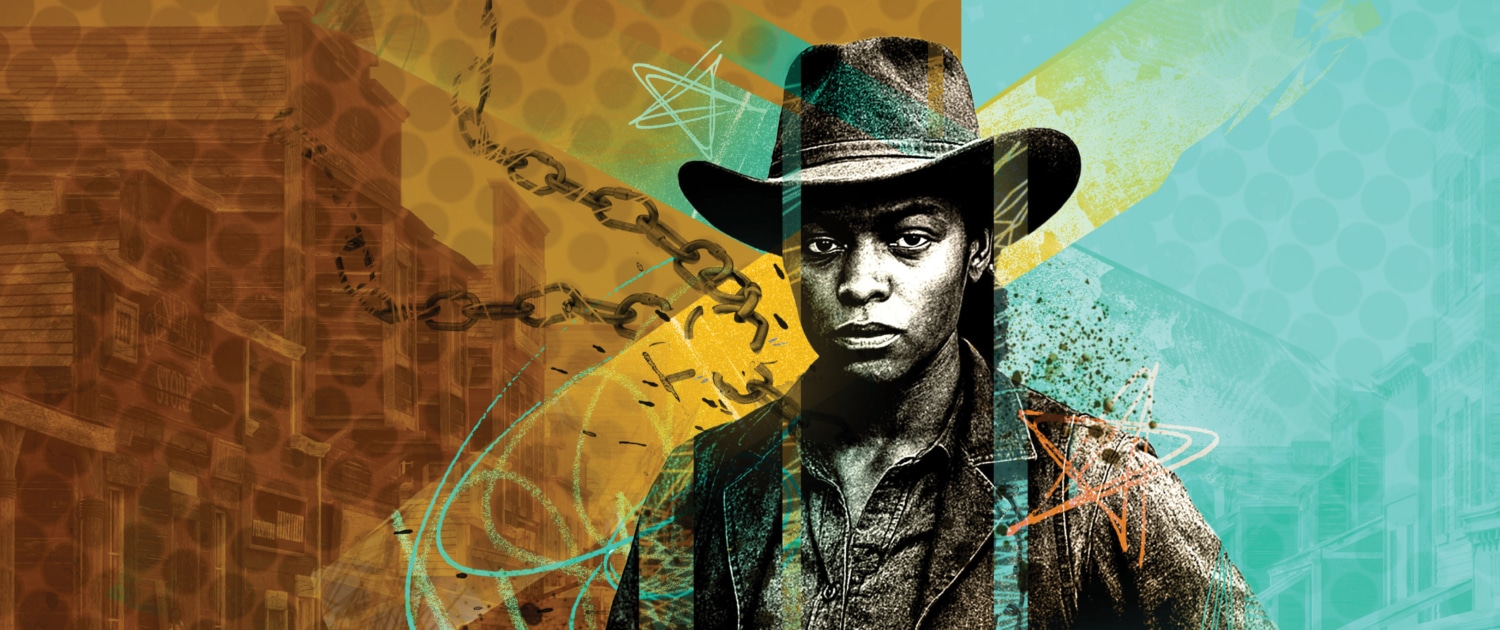 Artistic image of a Black woman wearing a cowboy hat, with a background featuring abstract elements and buildings