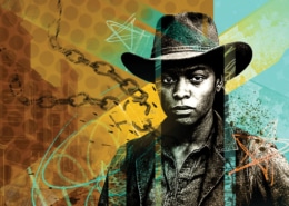 Artistic image of a Black woman wearing a cowboy hat, with a background featuring abstract elements and buildings