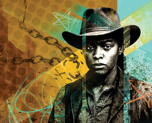 Artistic image of a Black woman wearing a cowboy hat, with a background featuring abstract elements and buildings