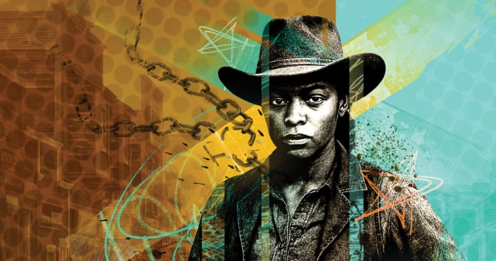 Artistic image of a Black woman wearing a cowboy hat, with a background featuring abstract elements and buildings