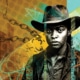 Artistic image of a Black woman wearing a cowboy hat, with a background featuring abstract elements and buildings