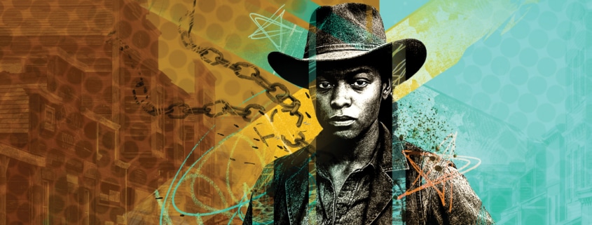 Artistic image of a Black woman wearing a cowboy hat, with a background featuring abstract elements and buildings