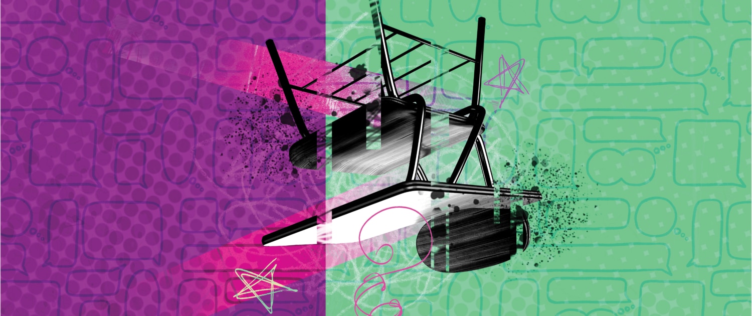 Abstract digital artwork featuring an upside down black and white school desk and chair, split vertically with purple and green geometric backgrounds, accented by pink stars and swirls.