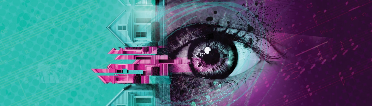 Stylized illustration of an eye over a teal and purple background