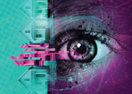 Stylized illustration of an eye over a teal and purple background