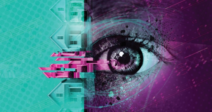 Stylized illustration of an eye over a teal and purple background