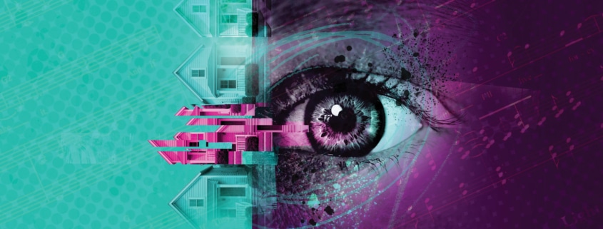 Stylized illustration of an eye over a teal and purple background