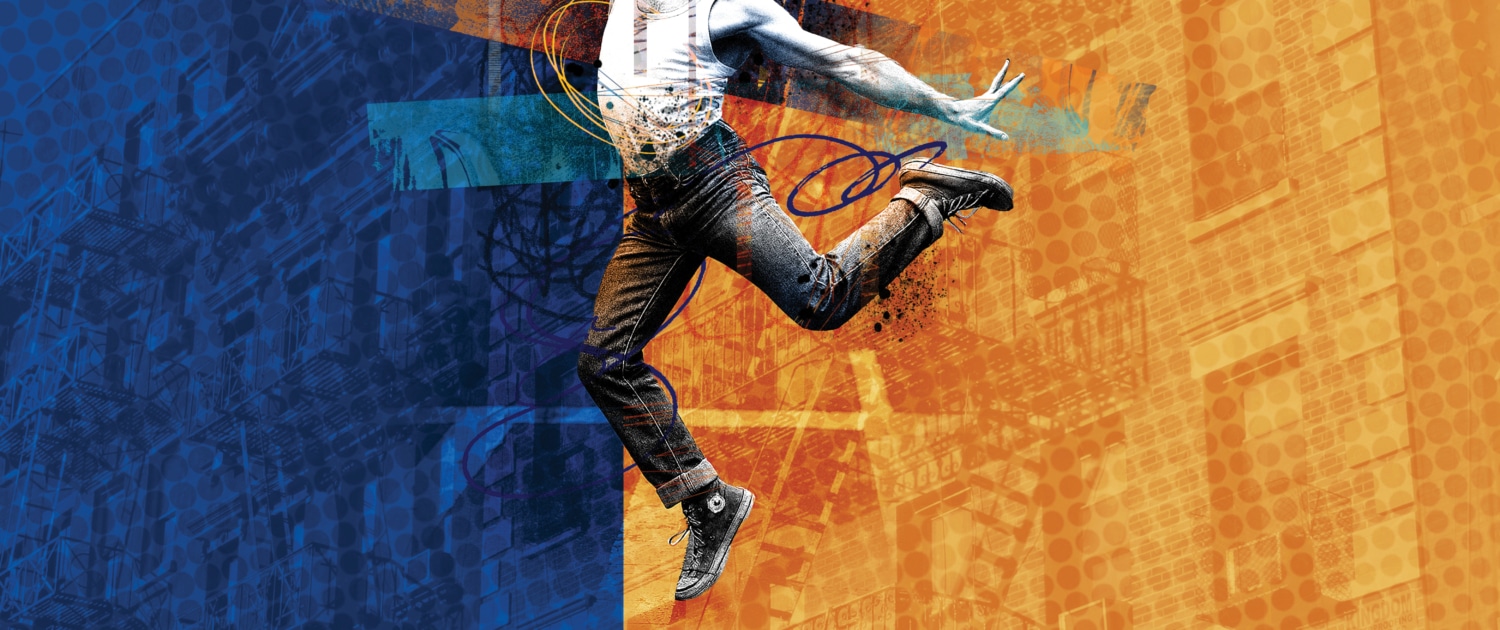A person mid-jump with one leg bent and the other extended, set against a background divided into blue and orange sections with abstract patterns and building outlines.