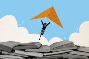 Illustration of a person holding an orange paper glider while leaping over a stack of books against a blue sky with clouds.