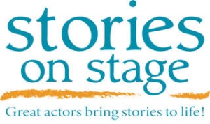 White background with teal lettering that spells "stories on stage. Great actors bring stories to life!" with a yellow swoosh