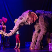 Stage performers interact with a large, elaborate elephant puppet under dramatic theatrical lighting, with colorful costumes and set pieces enhancing the circus-like atmosphere.