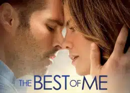 Movie cover for "The Best of Me" showing a close-up of two people embracing, with one hand gently touching the other’s hair. The title appears in large blue text at the bottom.