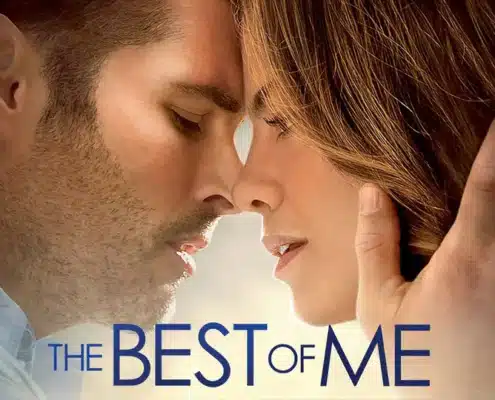 Movie cover for "The Best of Me" showing a close-up of two people embracing, with one hand gently touching the other’s hair. The title appears in large blue text at the bottom.
