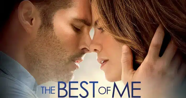 Movie cover for "The Best of Me" showing a close-up of two people embracing, with one hand gently touching the other’s hair. The title appears in large blue text at the bottom.